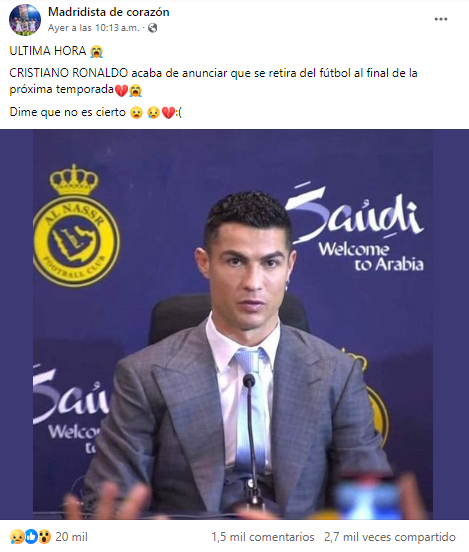 Publicación sobre el supuesto retiro de Cristiano Ronaldo. Foto: Facebook