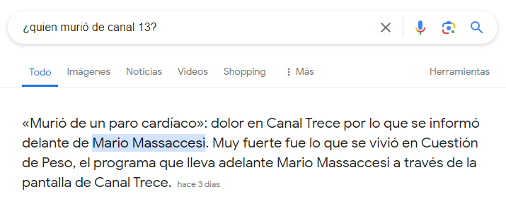 Titular de la supuesta muerte de Mario Massaccesi que muestra Google