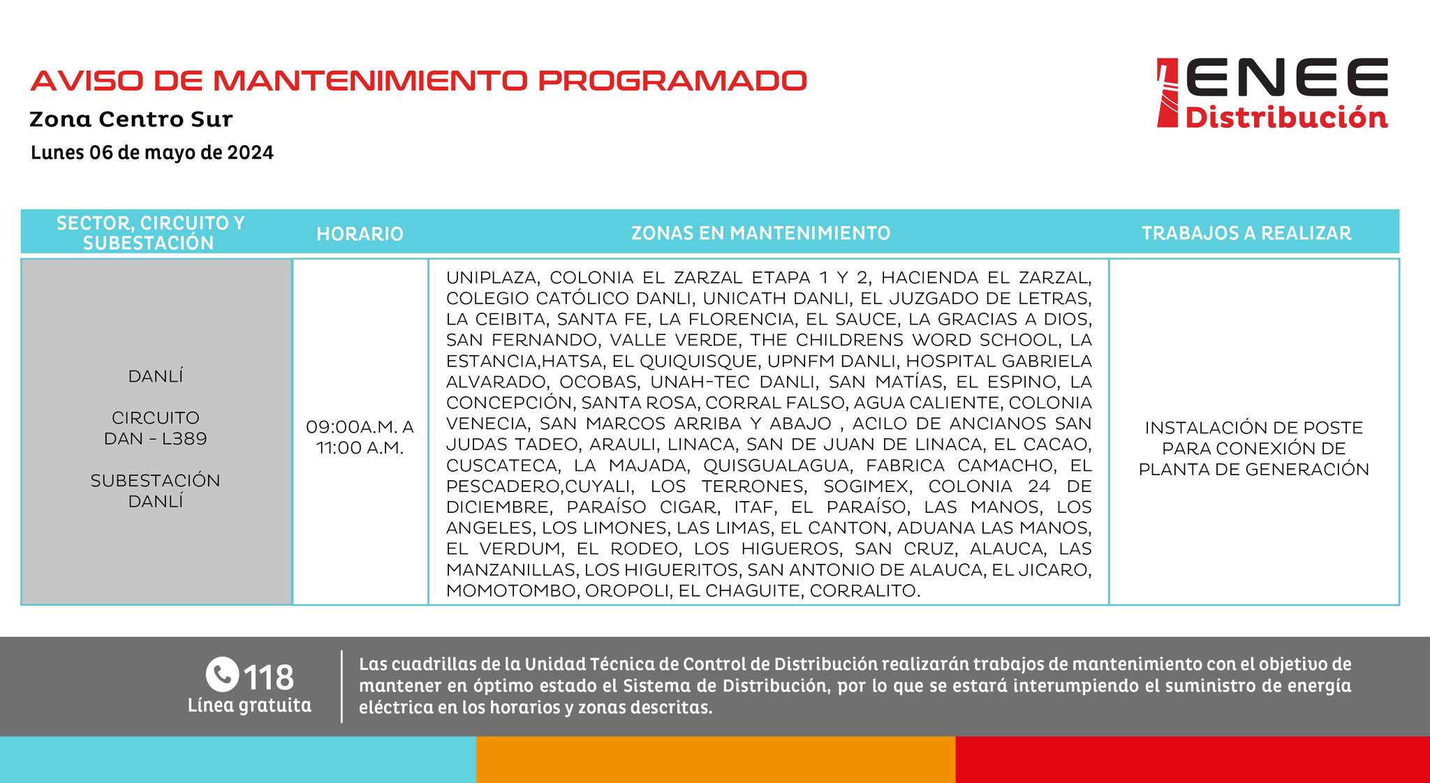 Zonas que estarán sin energía eléctrica mañana lunes 6 de mayo. Foto: ENEE