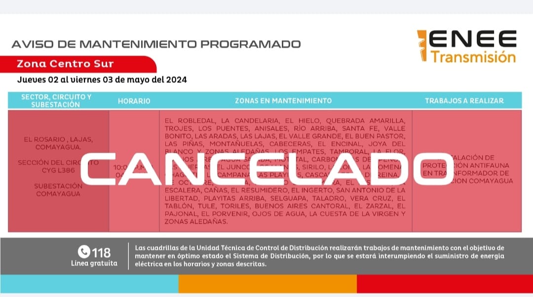 Cortes de energía programados que estaban previstos a darse entre hoy jueves y mañana viernes. Foto: ENEE