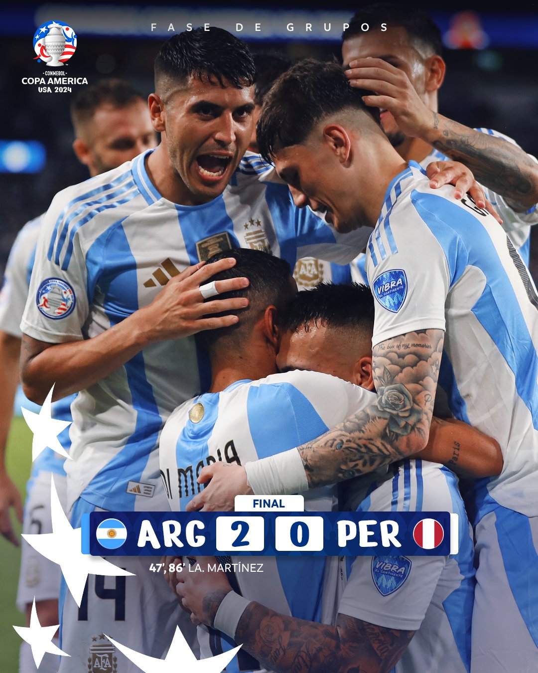 Argentina derrota 2-0 a Perú y clasifica a cuartos como primera de grupo
