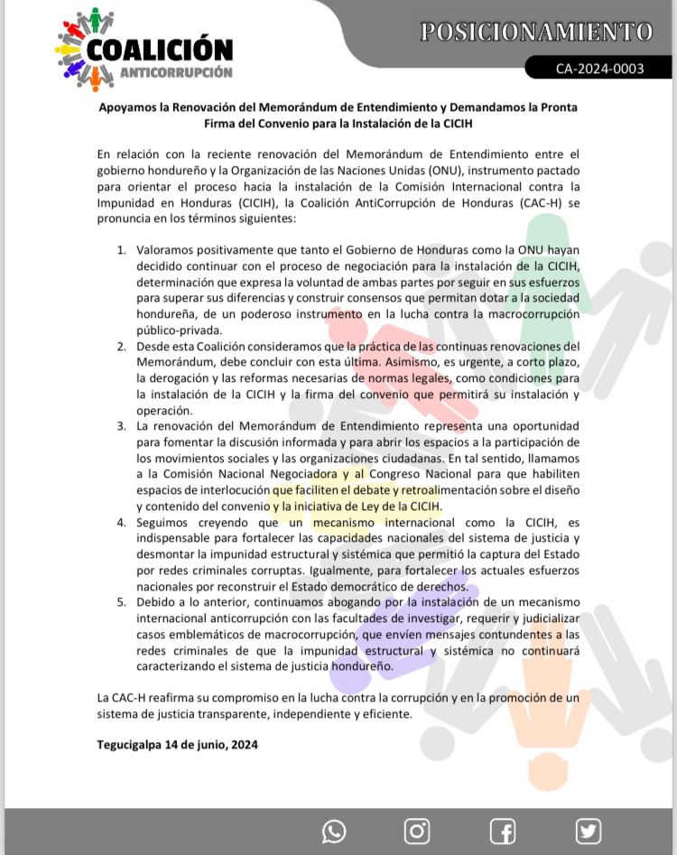 Comunicado de la Coalición sobre la CICIH