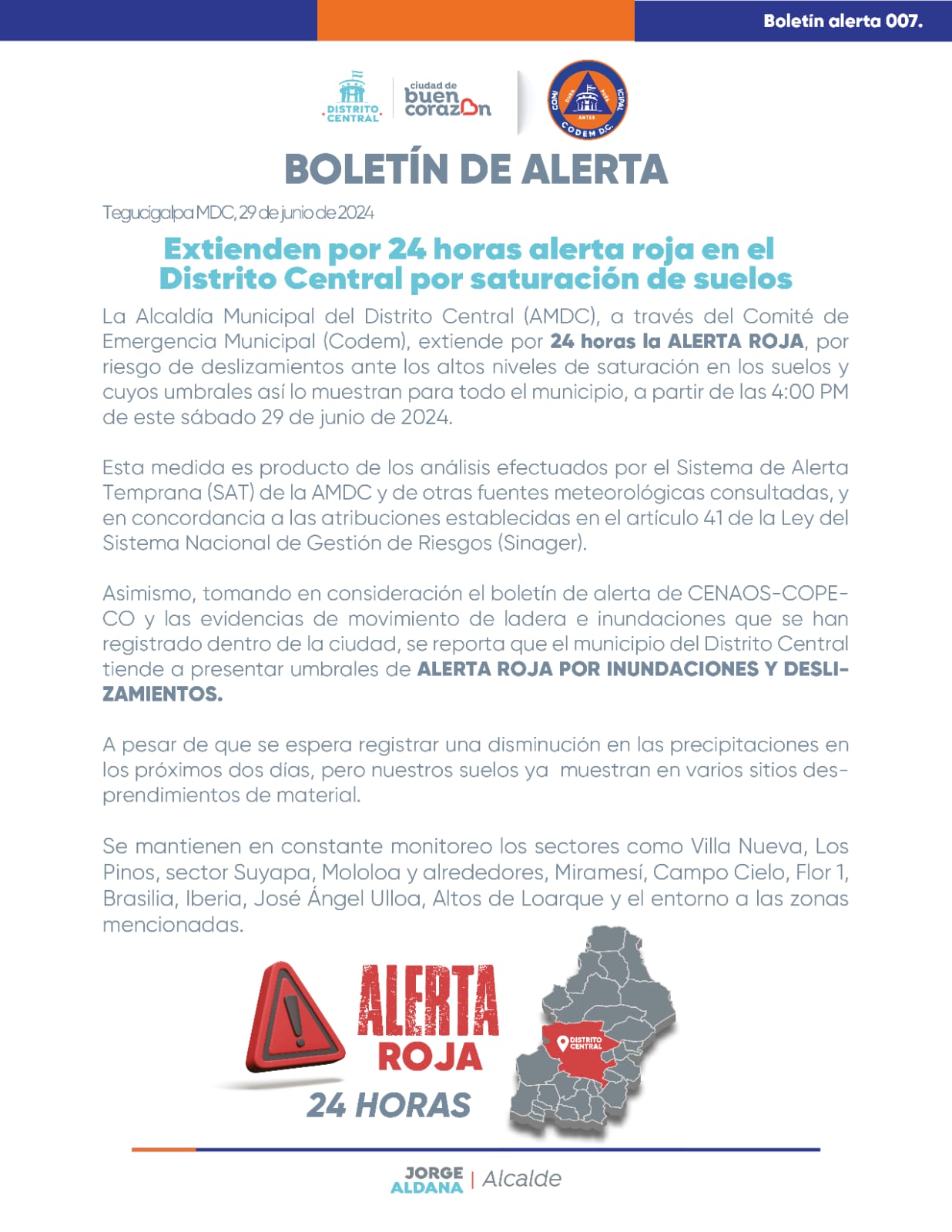 Extienden alerta roja por saturación de suelos en el Distrito Central