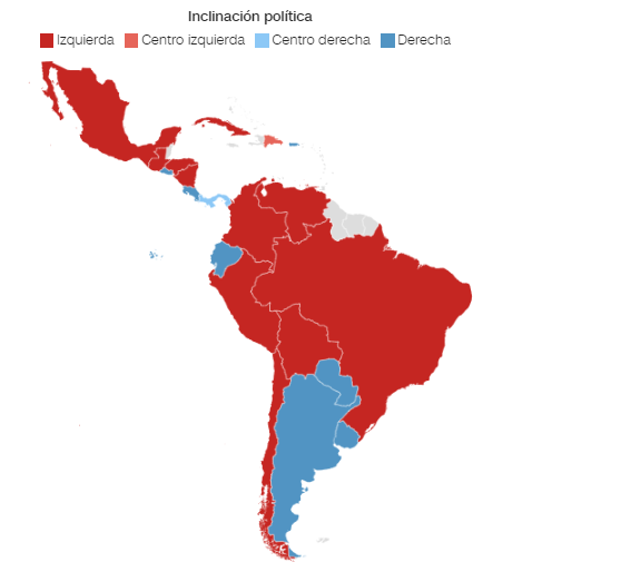 Mapa de los países de la región pintados según la inclinación del Gobierno del país
