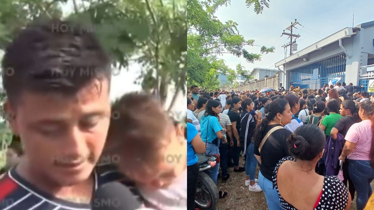 Hondureño, esposa y bebé en larga fila para obtener trabajo en maquila