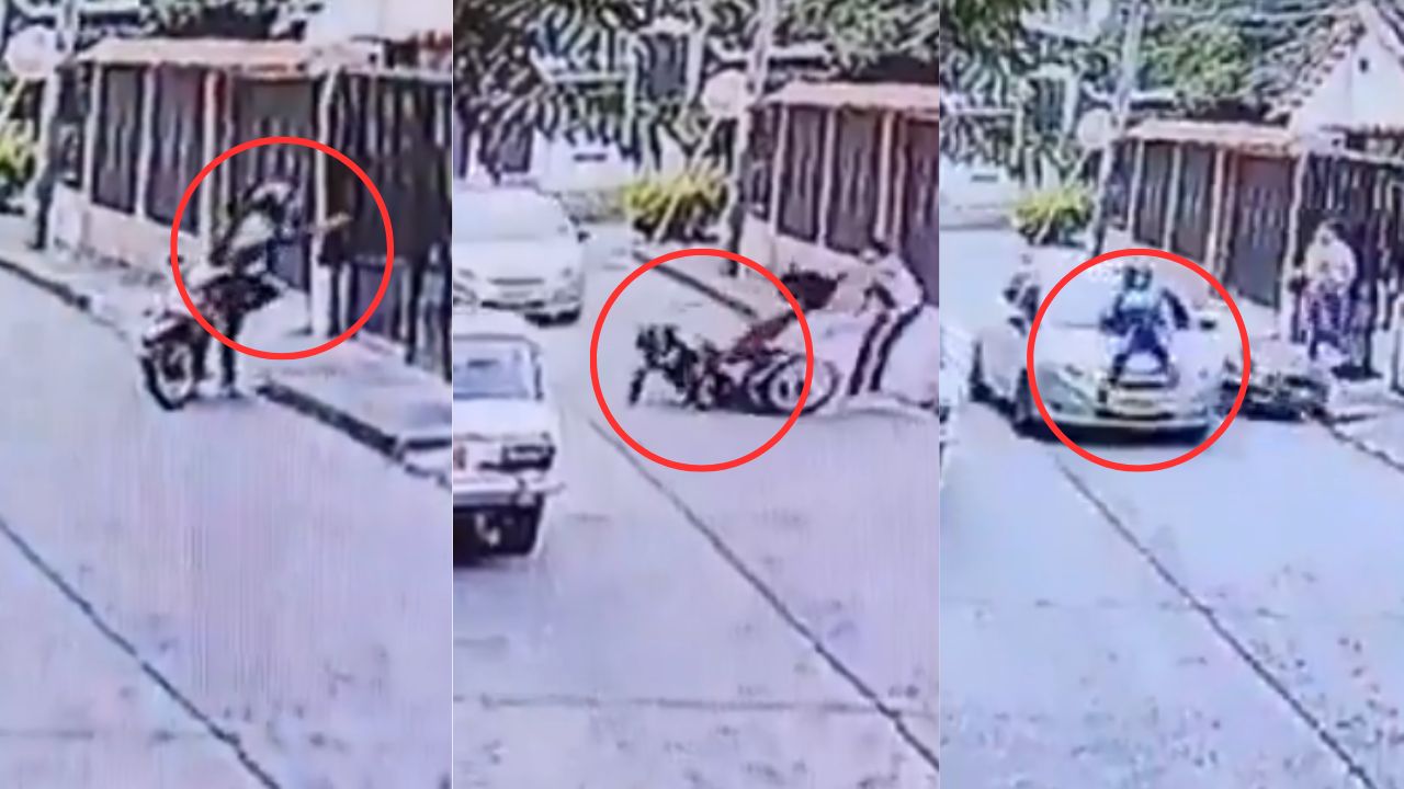 Captan momento en que carro atropella a motociclista que asaltó a mujer
