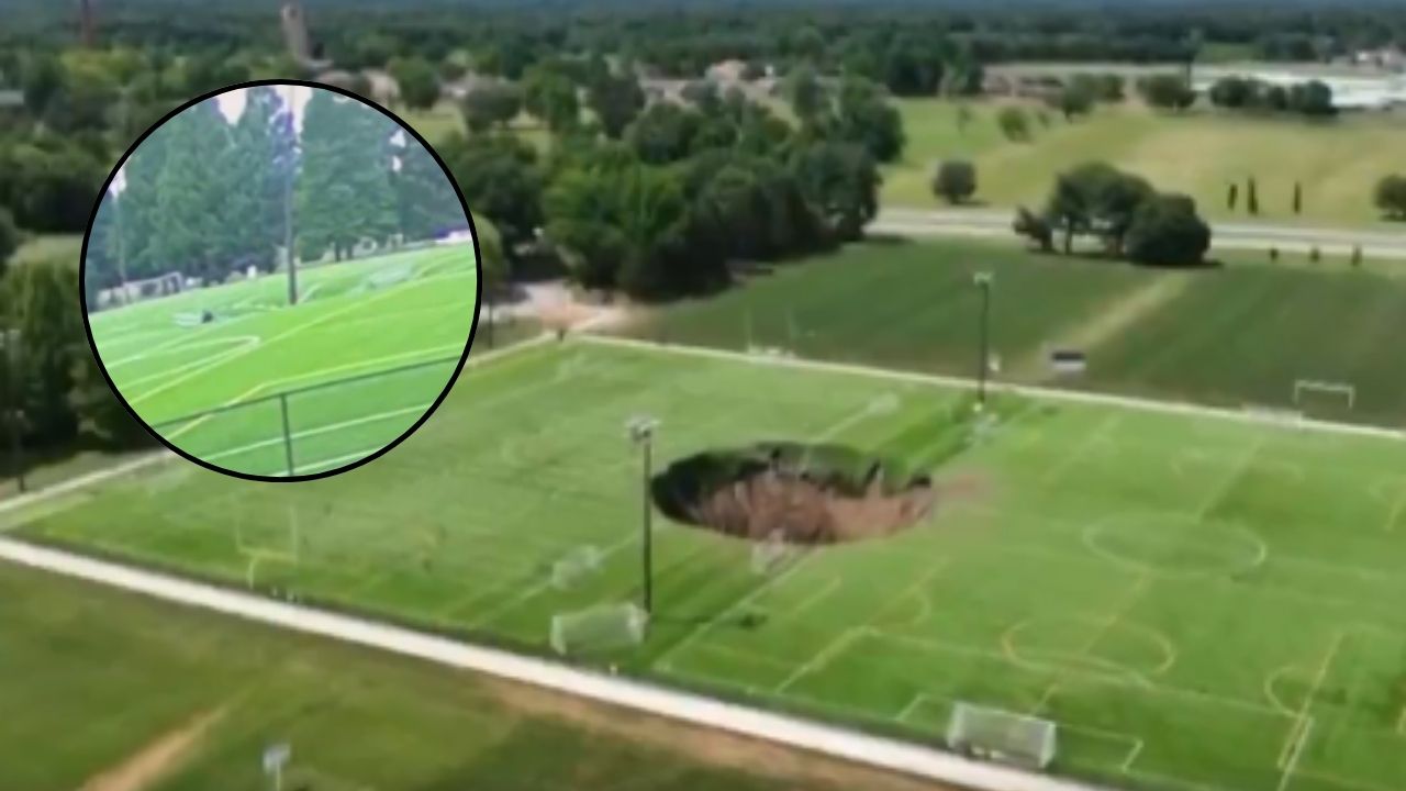 Captan momento en que se socavón destruye canchas de fútbol