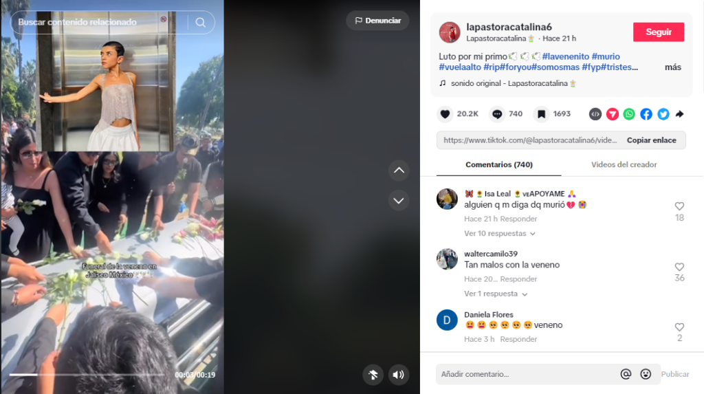 Captura del tiktok donde se ve un funeral del que señalan que es de La Venenito