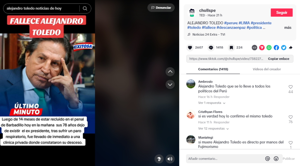 Video del bulo donde se dice que fallece Alejandro Toledo. Foto: TikTok