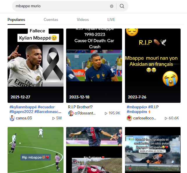 Publicaciones en TikTok donde se leen algunos bulos de Mbappé