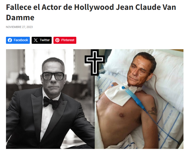 Captura del bulo de la muerte de Van Damme, donde se ve una fotografía editada del actor en una camilla