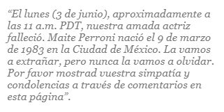 Texto donde se lee que, supuestamente, Maite Perroni murió