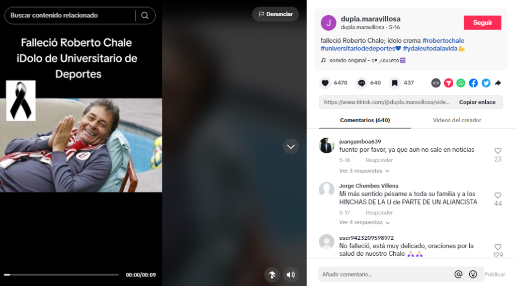 Publicación en TikTok donde se lee que indican que Roberto Chale falleció