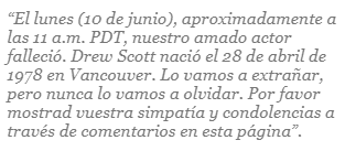 Un párrafo donde se dice la supuesta muerte de Drew Scott