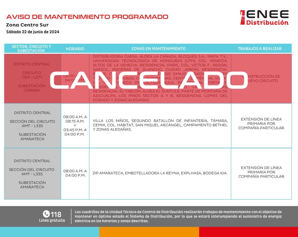 Un hombre realizando trabajos en un poste de luz; al lado las palabras "cortes de energía eléctrica" con la fecha de mañana