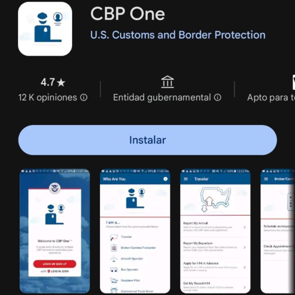 Captura de pantalla en la que se la aplicación CBP One en la Play Store