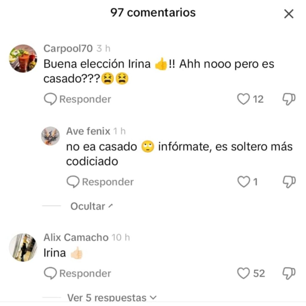 Captura de pantalla en la que se leen comentarios relacionando a Víctor Herrera González con Irina Baeva