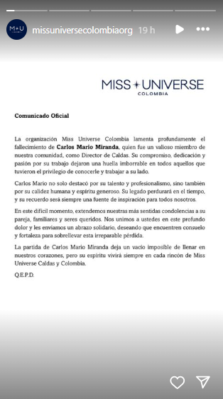 Captura de pantalla de una historia donde se lee el comunicado de Miss Universe sobre la muerte de Carlos