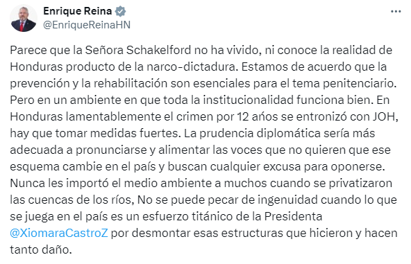 Captura de pantalla de la publicación de Reina en la que se lee lo que dijo el canciller