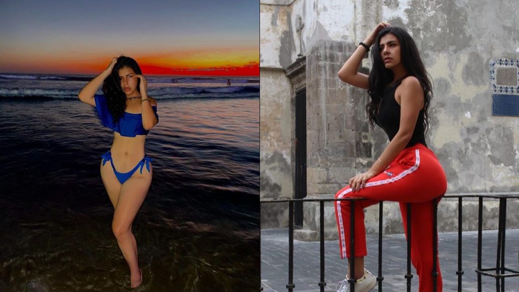 Dos fotografías de Michelle Cid, una posando en la playa y otra sobre unas barandillas