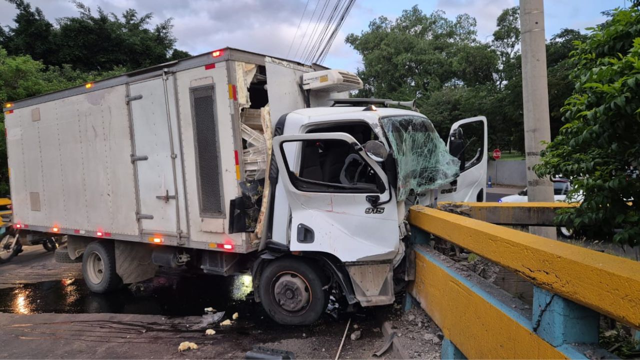 Se le bajó la presión: conductor de camión cargado de pollitos se accidenta en bulevar de Tegucigalpa