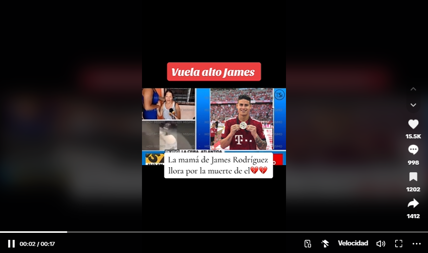 Captura de pantalla en la que se lee el bulo de la muerte de James Rodríguez