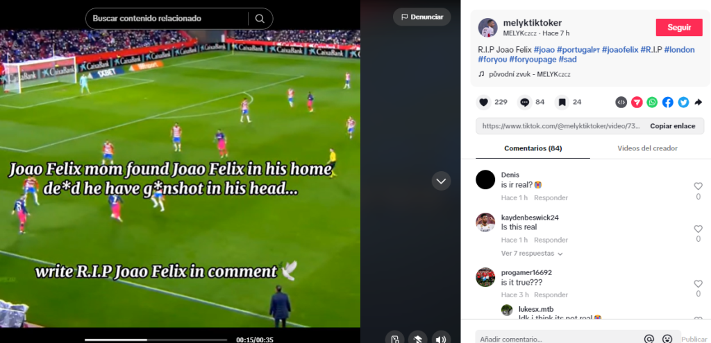 Captura de pantalla de una publicación en la que se lee el bulo de la muerte