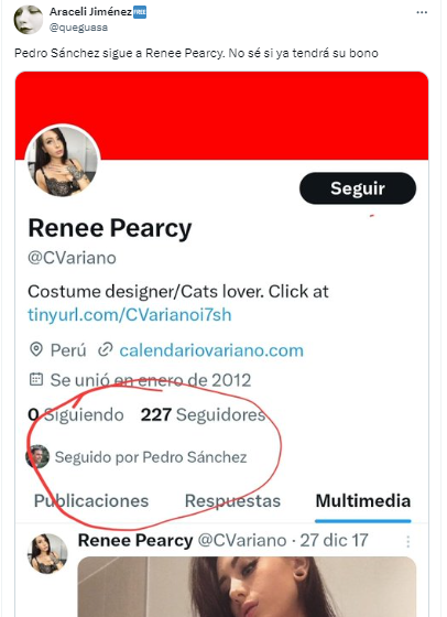 Captura de pantalla en la que se ve el perfil de Pedro Sánchez siguiendo la cuenta de la mujer