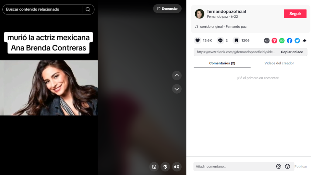 Captura de un tiktok donde se lee el bulo de la muerte de la actriz