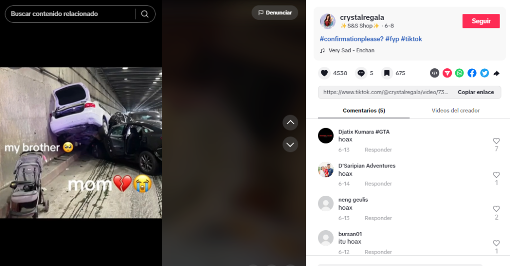 Captura de una publicación en la que se ve un carro destruido en accidente