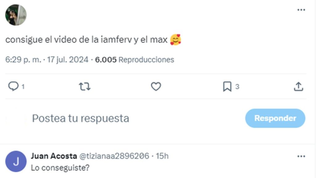 Captura de pantalla en la que se lee a usuarios pidiendo el video de Iamferv