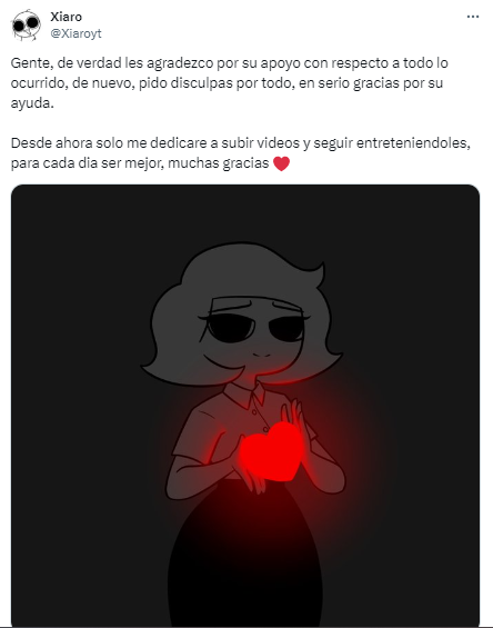 Captura de pantalla de una publicación en la que se lee el agradecimiento de Xiaro