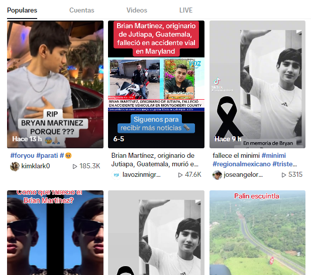 Captura de pantalla en la que se ven videos de la bulo de la muerte de Bryan Martínez