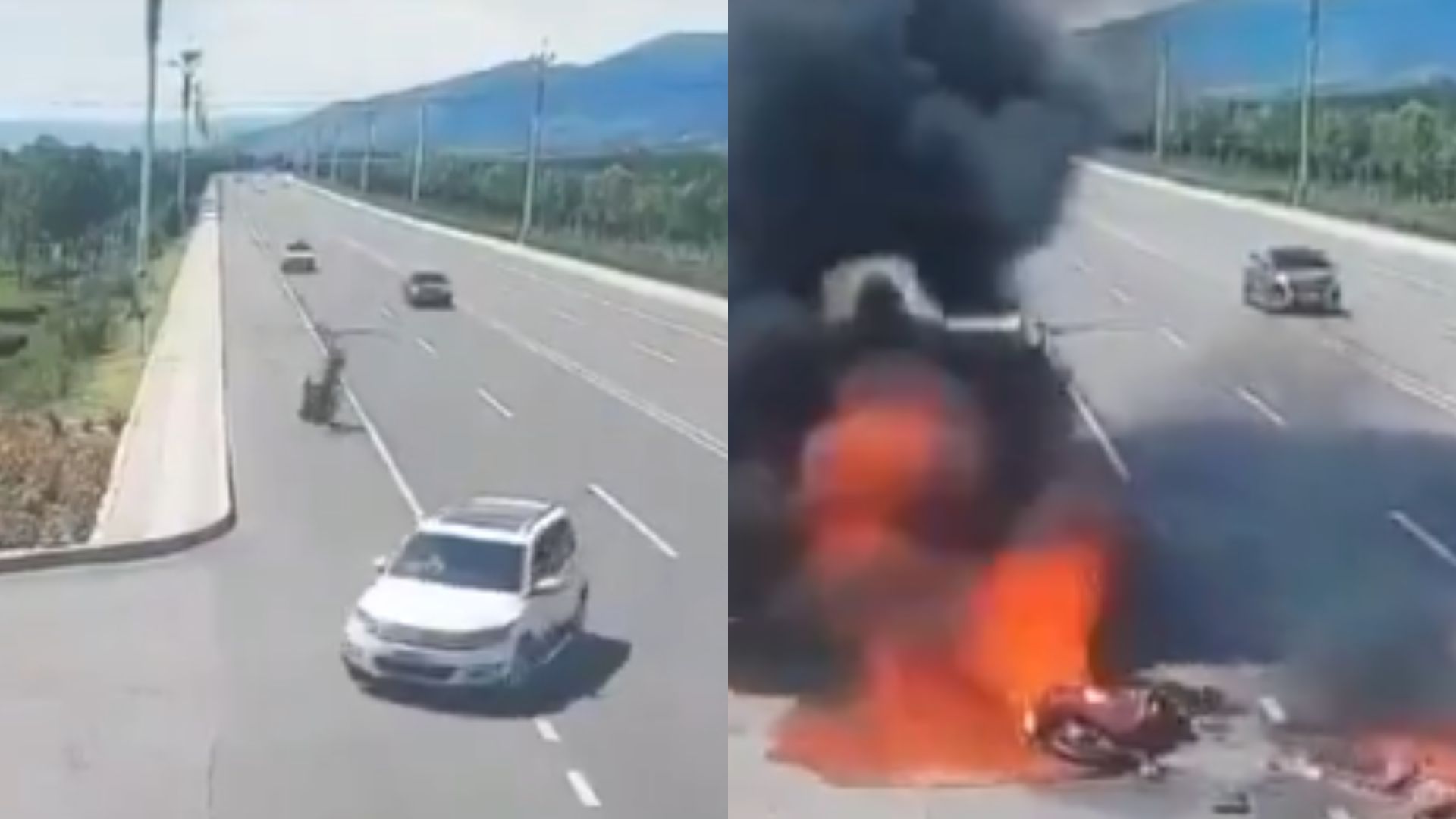 Video capta momento en que motociclista impacta con camioneta y luego se incendia