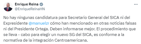 Canciller Reina niega que exista candidato propuesto por Ortega para secretario general del Sica