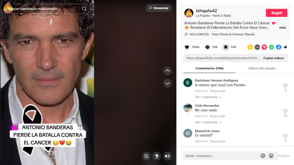 Captura de pantalla en la que se lee el bulo de la muerte de Antonio Banderas