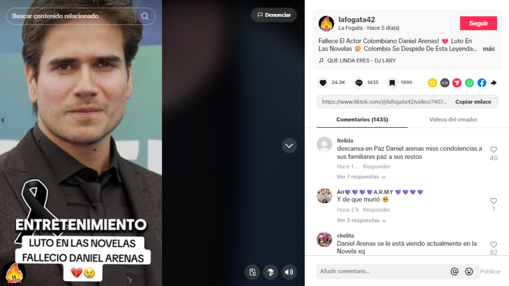 Captura de pantalla en la que se lee el bulo de la muerte de Arenas