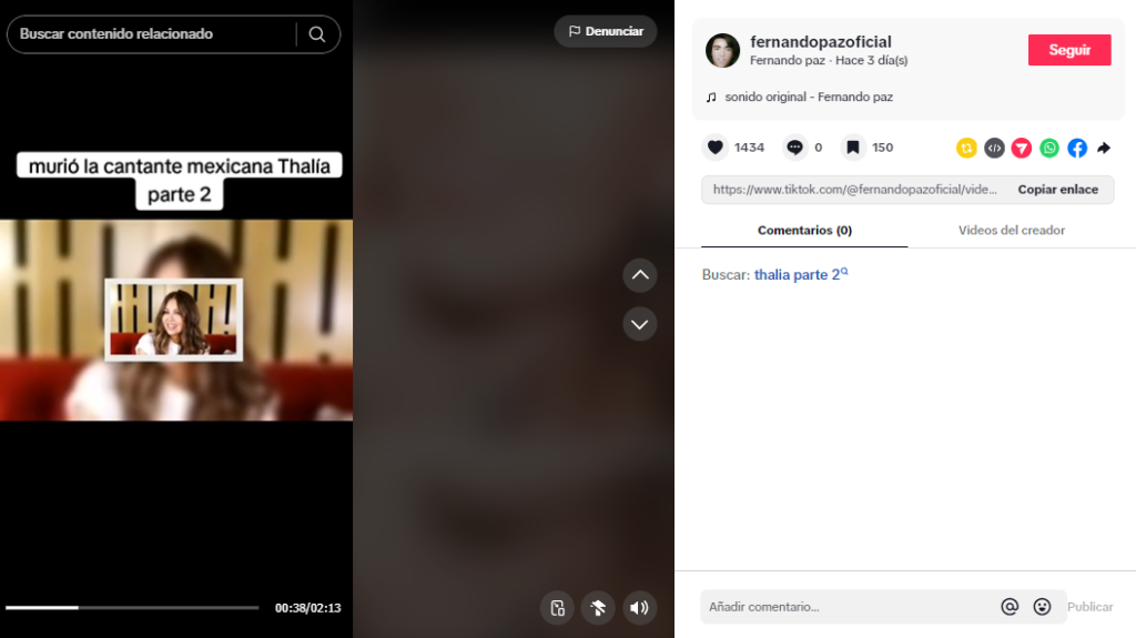 Captura de pantalla en la que se lee el bulo de la muerte de Thalía