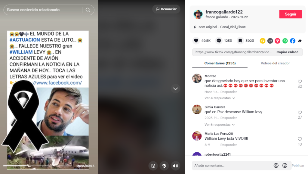 Captura de pantalla en la que se ve un bulo de la muerte de Levy