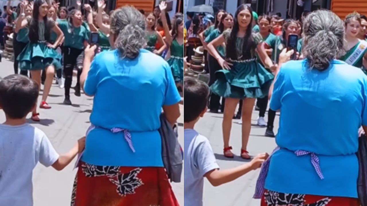 Abuelita conmueve al grabar a su nieta en desfiles con un celular antiguo