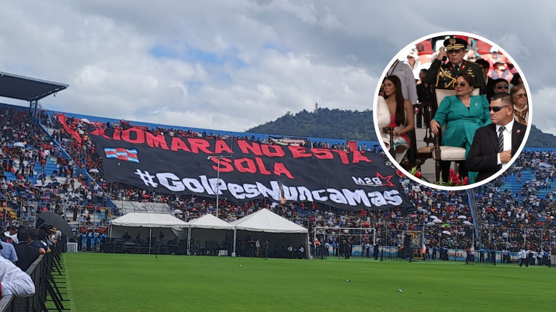 Colectivos de Libre despliegan una gigantesca pancarta en el 'Chelato Uclés' en respaldo a Xiomara Castro