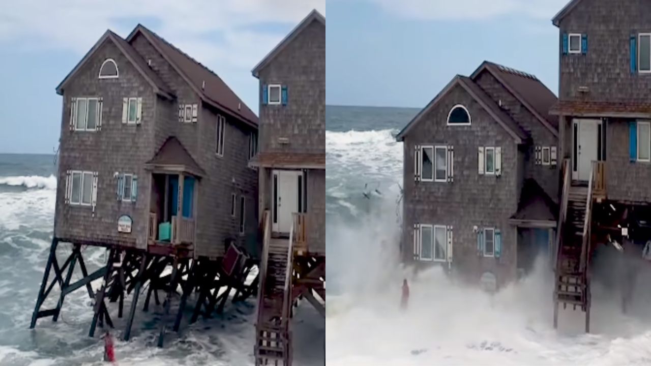 Graban momento en que olas provocan derrumbe de una casa en la playa