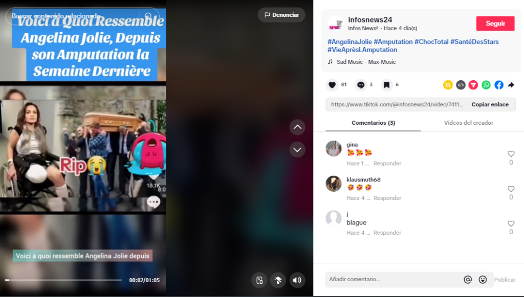 Captura de pantalla en la que se ve el bulo de la muerte de Angelina Jolie