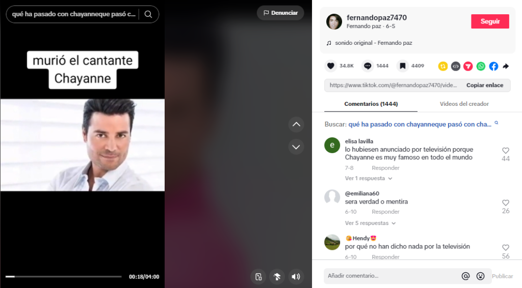 Captura de pantalla en la que se lee la publicación de la supuesta muerte de Chayanne