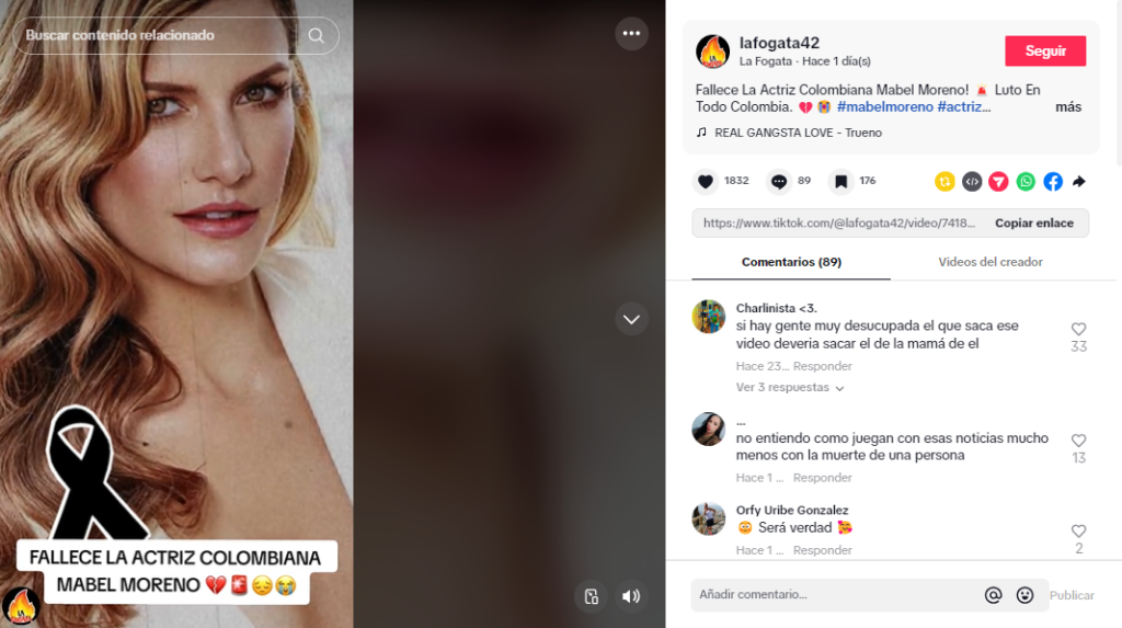 Captura de pantalla donde se lee la publicación de la falsa muerte de Mabel Moreno