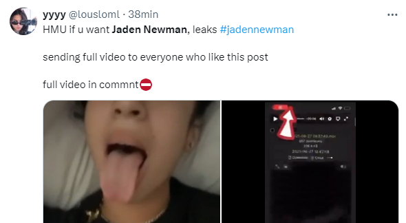 Captura de pantalla donde se ve una publicación con el supuesto video de Jaden Newman