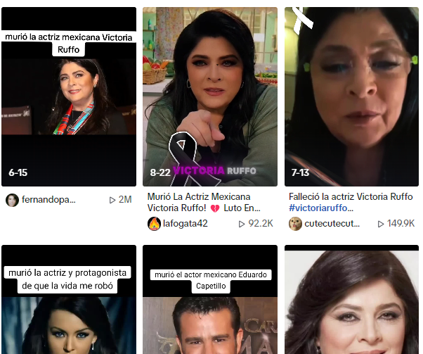 Captura de pantalla donde se ven publicaciones de la supuesta muerte de Victoria Ruffo