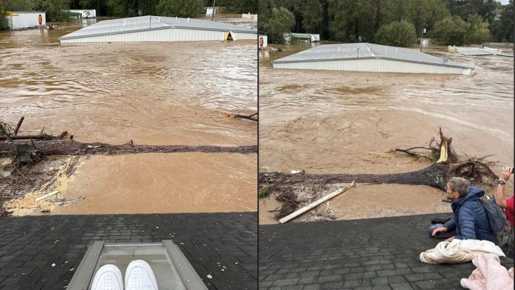 La zona inundada con la pareja de adultos mayores