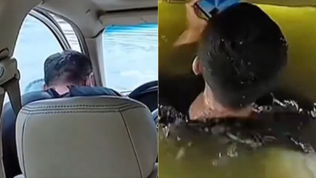 Revelan momento donde hombre quedó bajo el agua tras estrellar su vehículo en un río, ¿real?