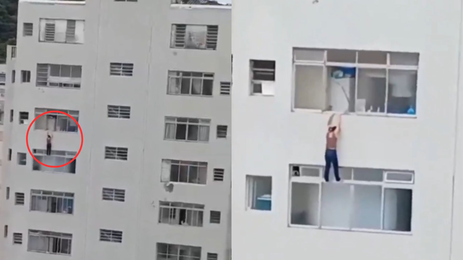 Video capta cuando mujer queda colgada de un edificio después de resbalar mientras limpiaba una ventana
